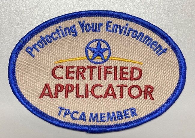 Blue and white embroidered patch reading “Certified Applicator” with “Protecting Your Environment” and “TPCA Member”