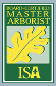 Board-certified Master Arborist ISA logo with green oak leaf on yellow background