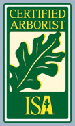 Certified Arborist ISA logo with green leaf emblem on a white and green background