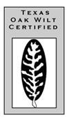 Texas Oak Wilt Certified logo with a black oak leaf in a gray border