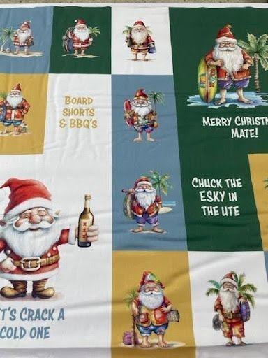 A Piece of Fabric With Santa Clauses on It That Says Merry Christmas Mate — Lyn-Jelle Crafts in Emu Park, QLD