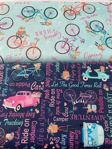 Two Pieces of Fabric With Bicycles and Cars on Them — Lyn-Jelle Crafts in Emu Park, QLD