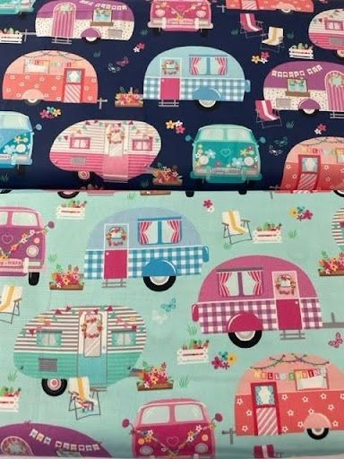 A Piece of Fabric With a Pattern of Camper Vans on It — Lyn-Jelle Crafts in Emu Park, QLD