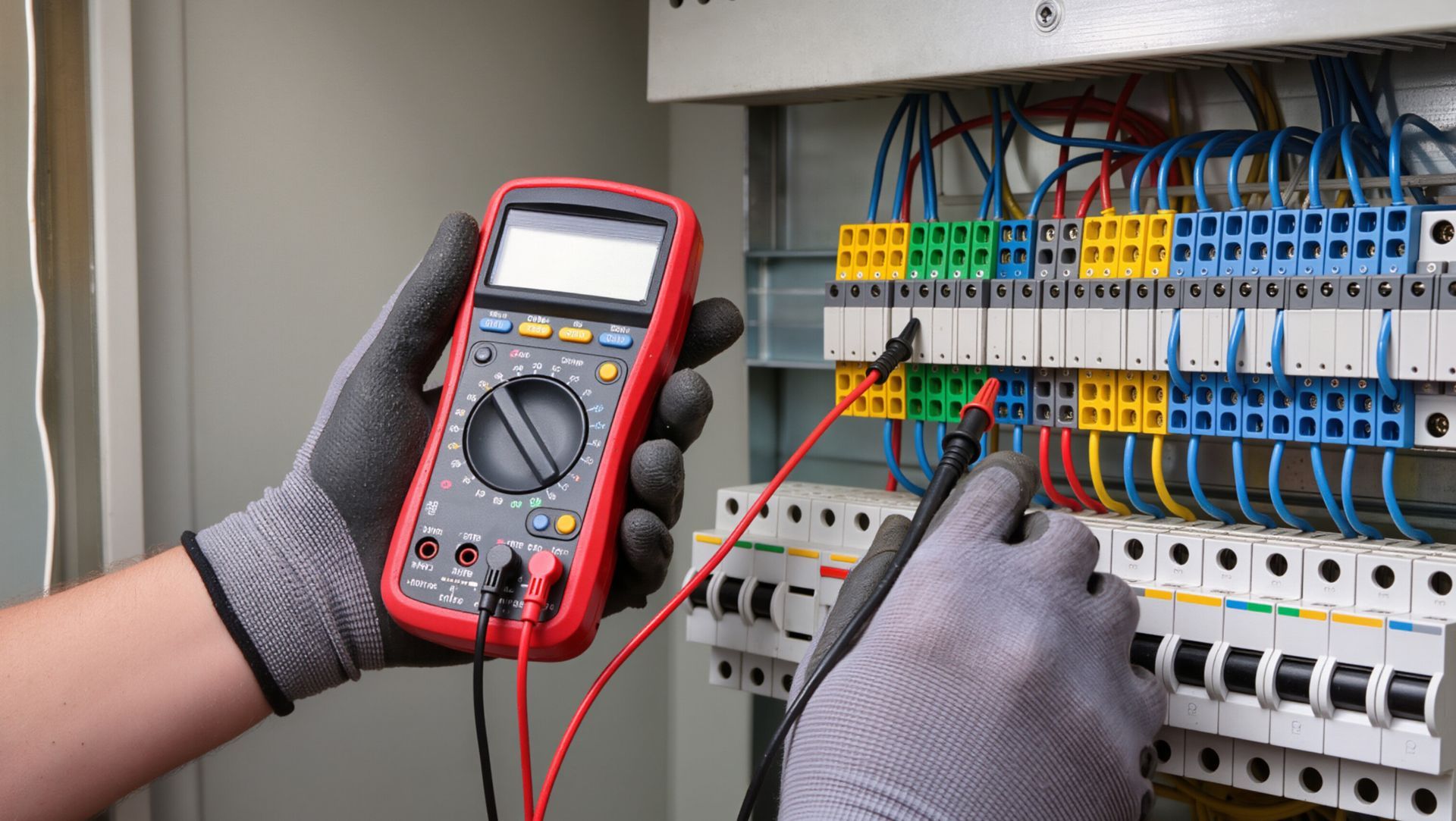 Technician inspecting wiring in an electrical control panel with a multimeter