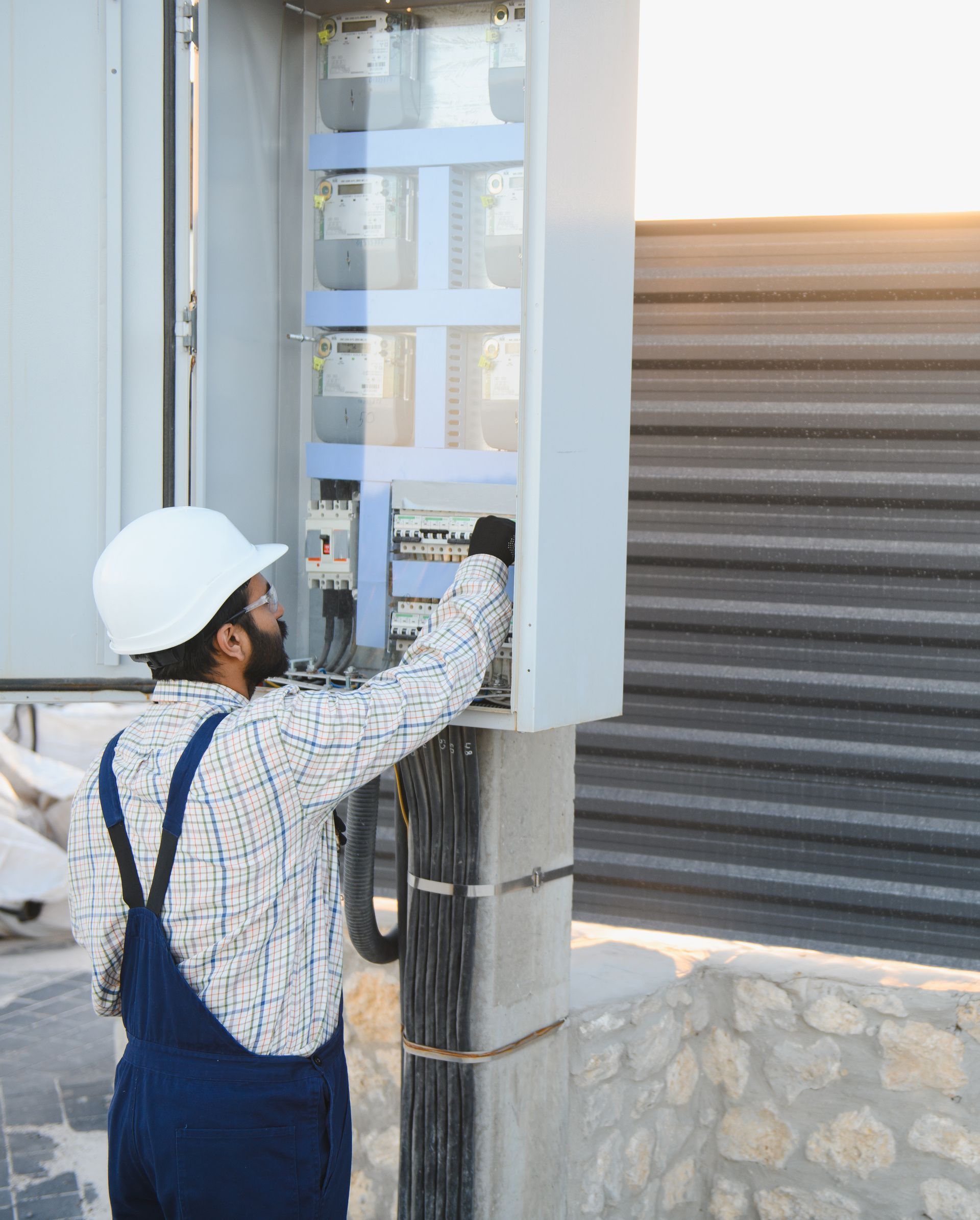 Worker in hard hat inspecting an electrical panel outdoors beside a corrugated metal door.