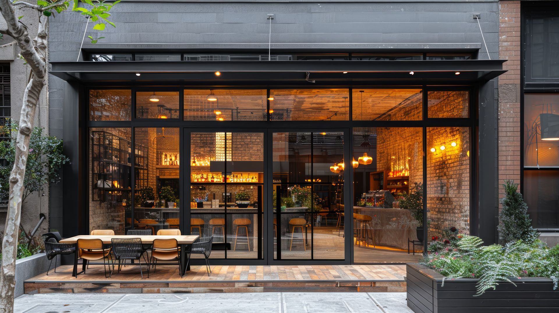 Modern café storefront with warm lights, glass doors, and outdoor seating on a city sidewalk