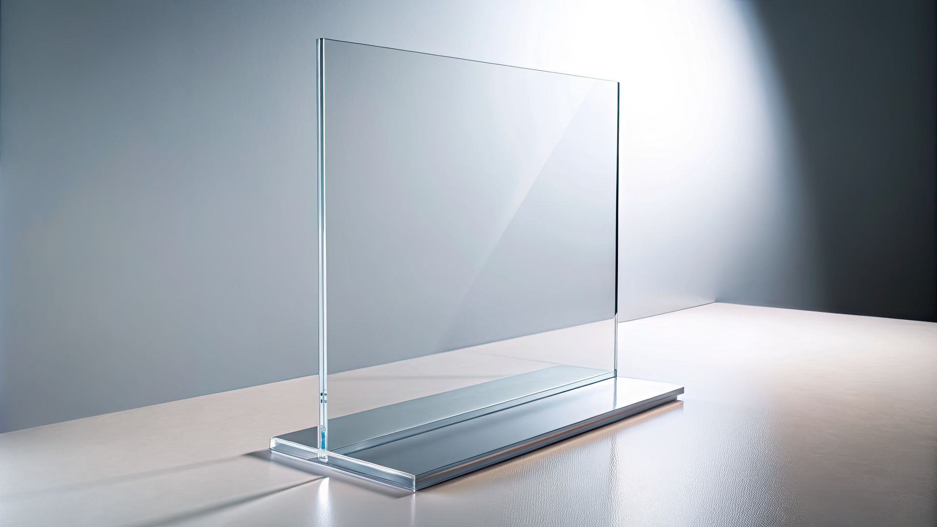 Transparent glass plaque on a silver base, displayed on a clean tabletop against a white background
