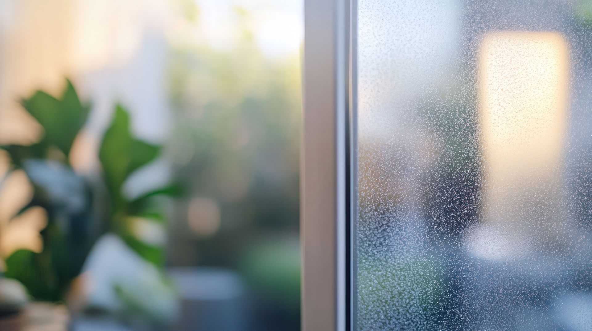 Blurred indoor plant beside frosted window with warm sunlight beyond the glass