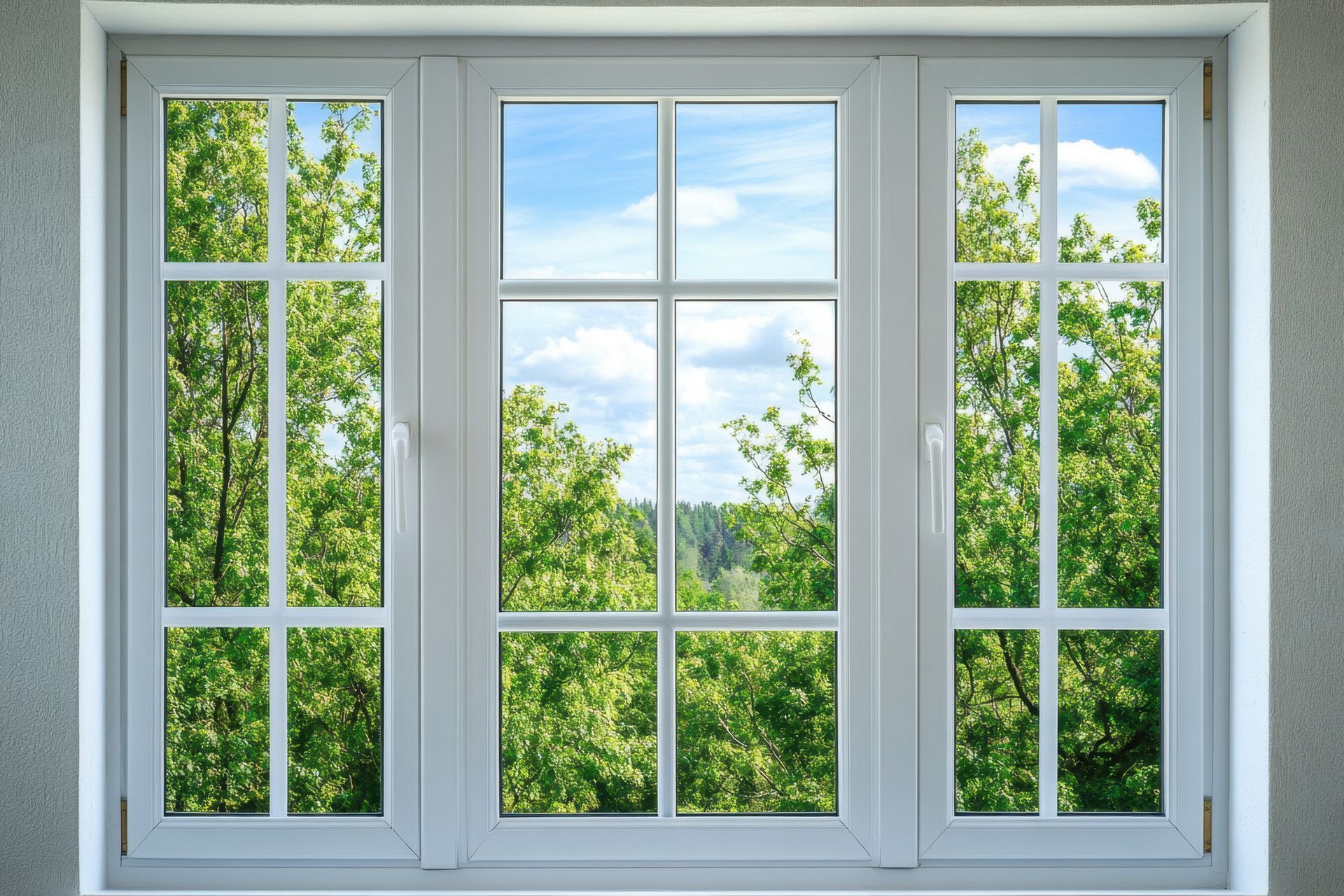 White-framed window with three panes overlooking green trees and a blue sky