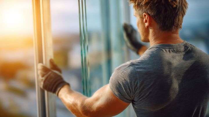 Man using a dumbbell in a gym, seen from behind with warm sunlight streaming through windows