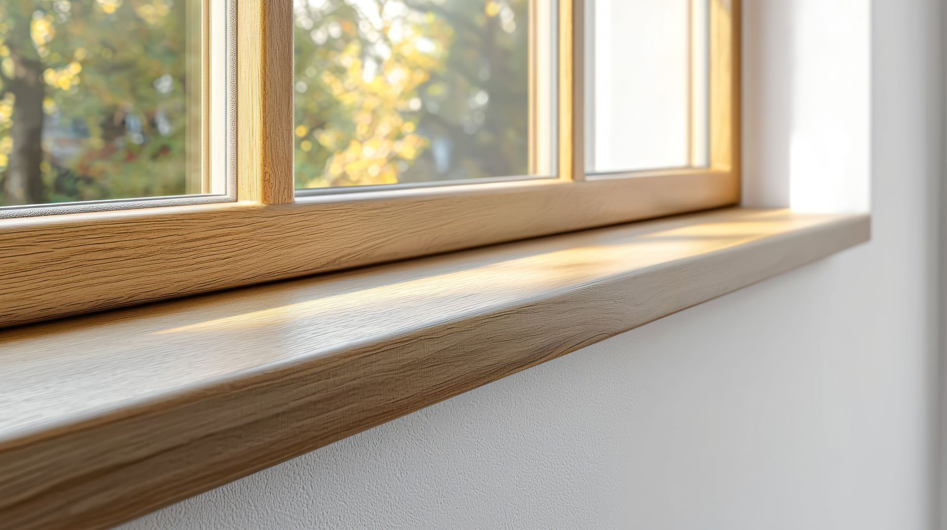 Wooden windowsill with sunlight streaming through a window onto a white wall