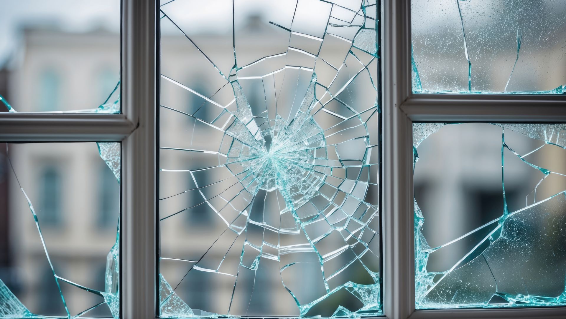 Broken window panes with spiderweb cracks on a building facade