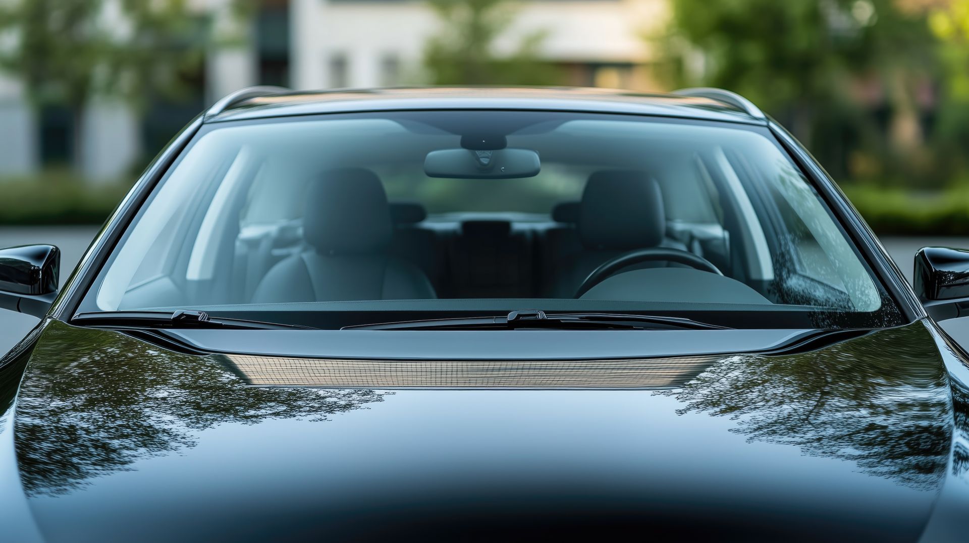 Front view of a black sedan parked outdoors, with trees reflected on the hood and windshield.