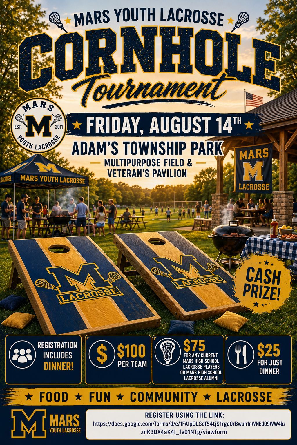 Mars Youth Lacrosse cornhole tournament poster, blue and gold, at Adam’s Township Park August 14.