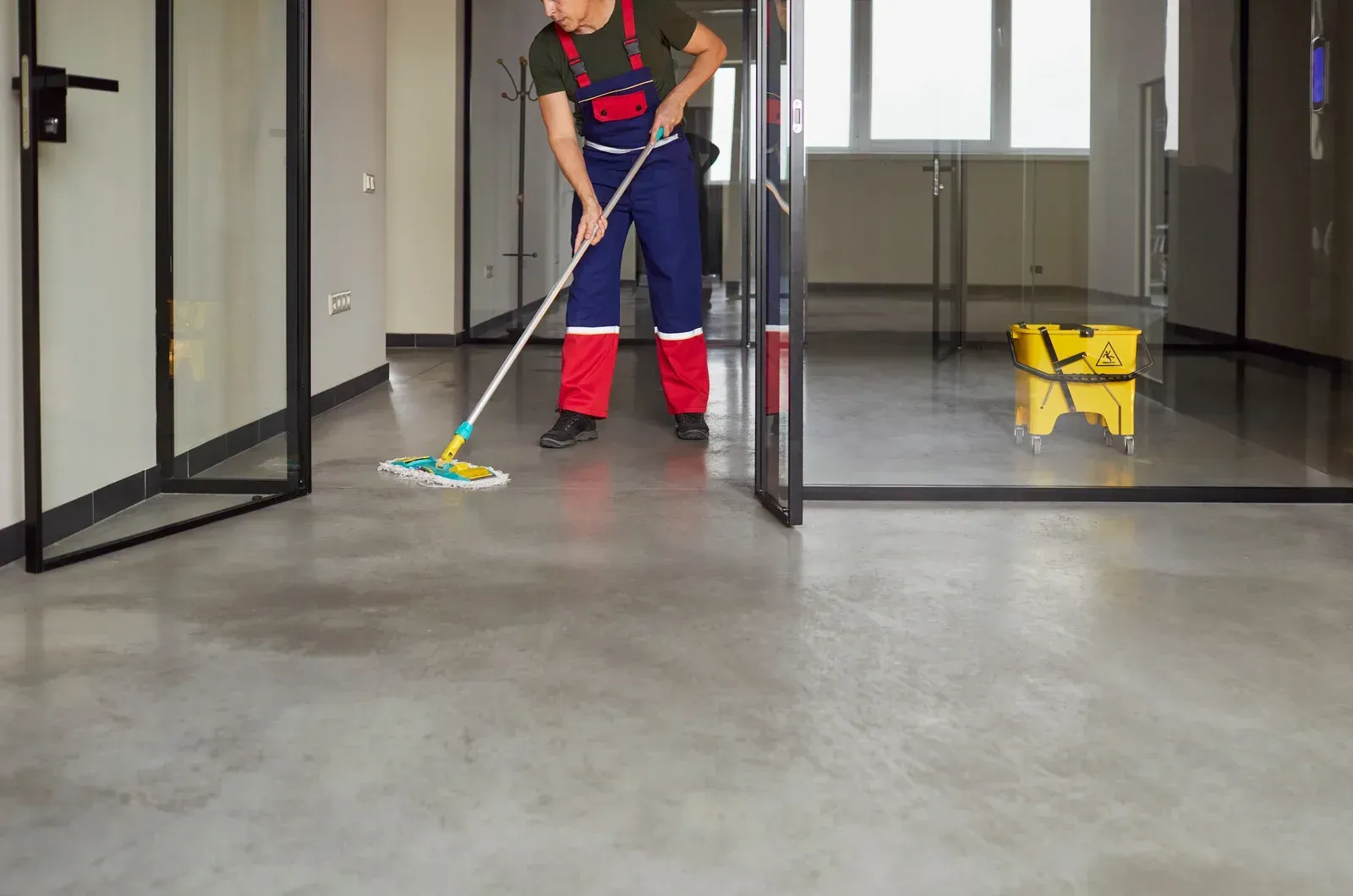 Person mopping a gray floor in an office setting. They are wearing a blue jumpsuit and red boots.