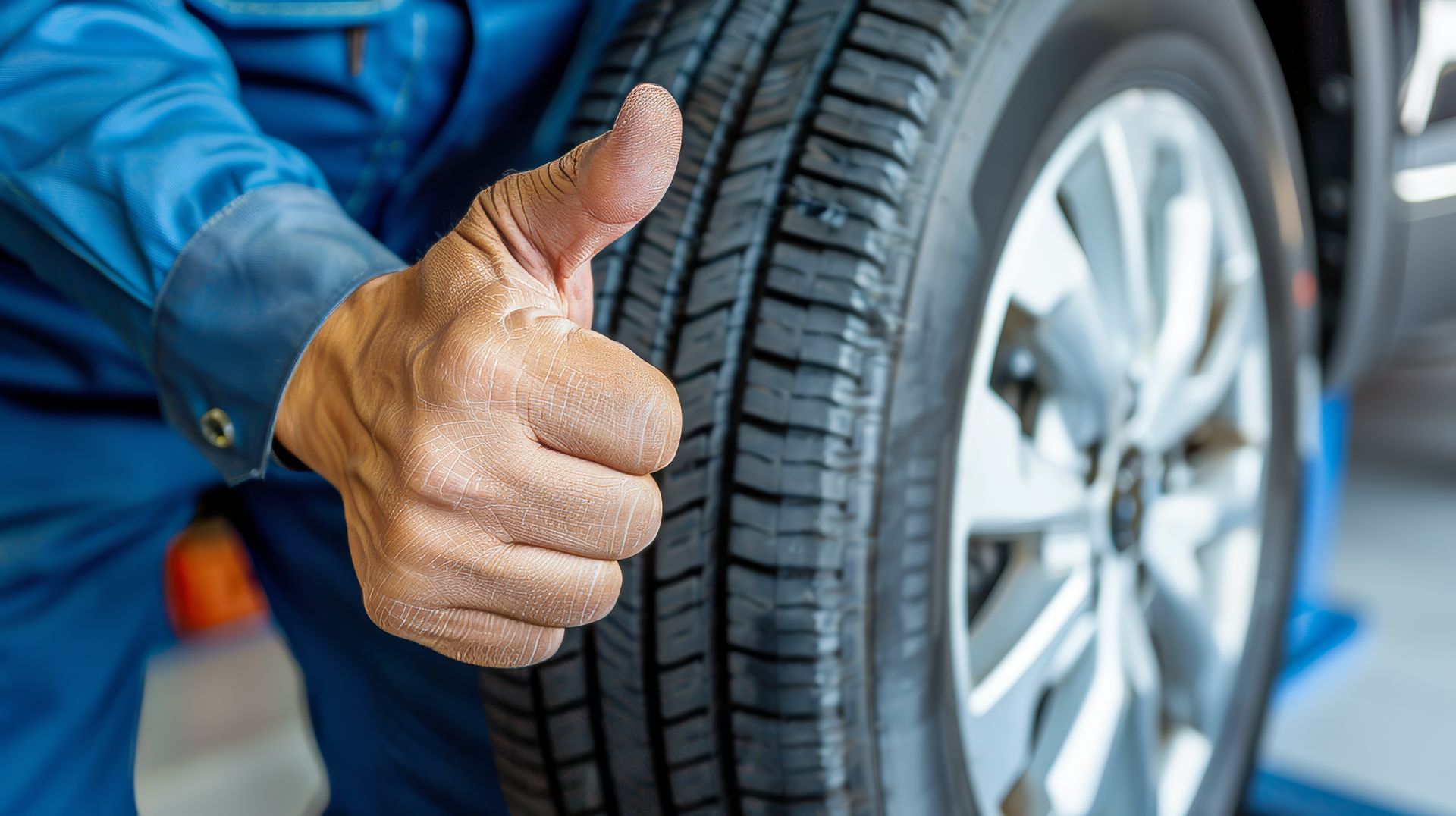 Mechanic giving a thumbs-up beside a car wheel in a garage | Alamance Auto Worx