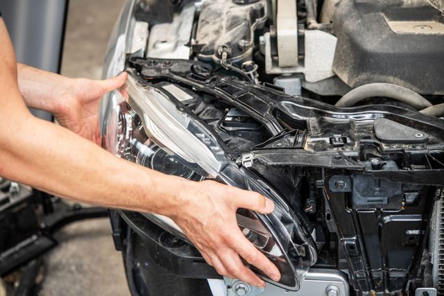Hands removing a car’s damaged front bumper and headlight assembly in a repair shop | Alamance Auto Worx