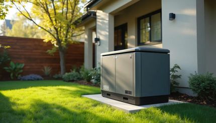 A generator is sitting in the grass in front of a house.