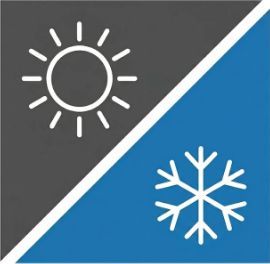 Sun and snowflake icons on gray and blue diagonal background, suggesting weather or climate control.