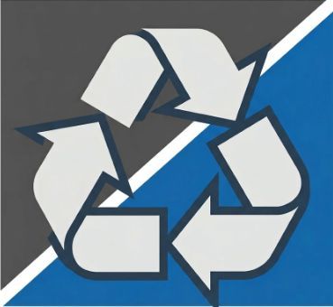 White recycling symbol on a blue and gray background, with a dark outline.