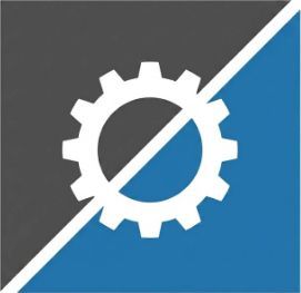 White gear icon over a gray-and-blue diagonal split background