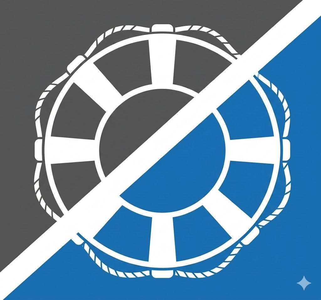 Blue and white diagonal split logo with a circular film reel icon on a gray background