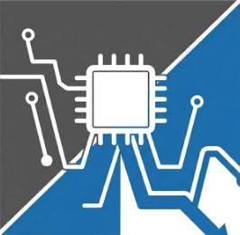 White microchip with circuit lines on gray and blue diagonal background