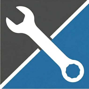 White wrench icon on a gray and blue diagonal background