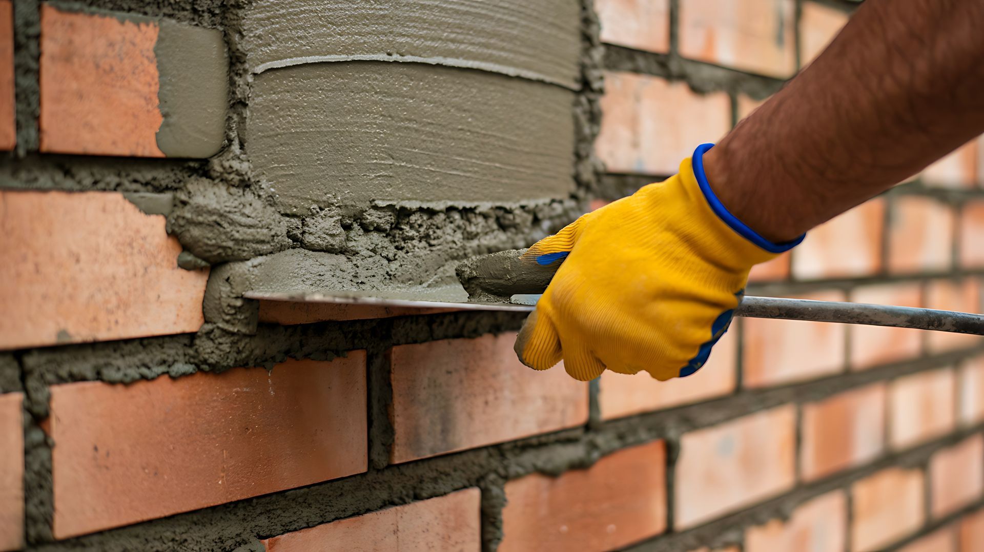 Close-up of a worker's gloved hand using a trowel for masonry repair on a red brick wall. Close-up of a worker's gloved hand using a trowel for masonry repair on a red brick wall.