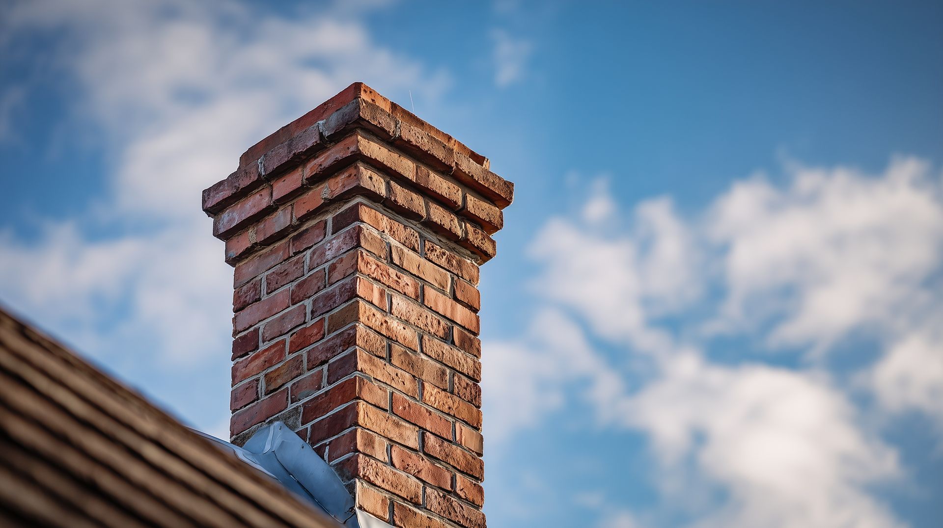 Brick chimney on roof with mortar repair theme, focusing on tuckpointing and roof flashing for chimn