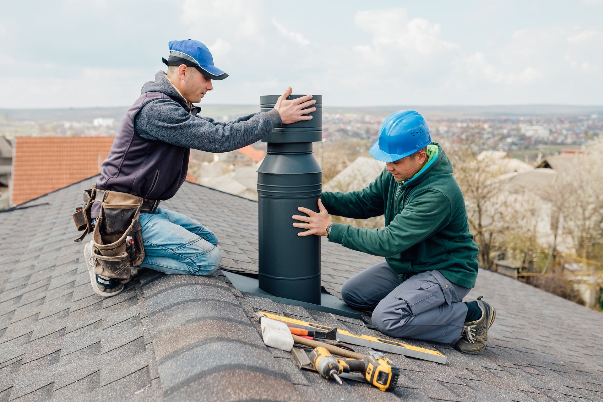 Two professional workmen standing on a rooftop while performing chimney repair service.