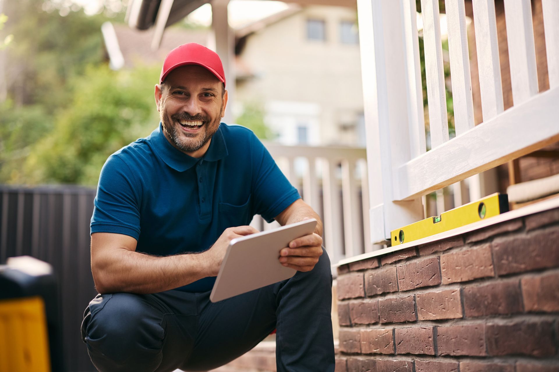 Worker using a tablet near a brick wall with a level tool placed on top.