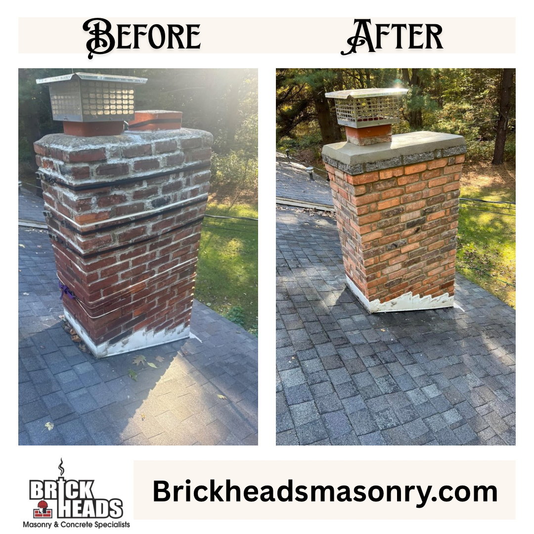 Before-and-after brick chimney repair: cracked brick stack restored with new mortar cap and veneer.