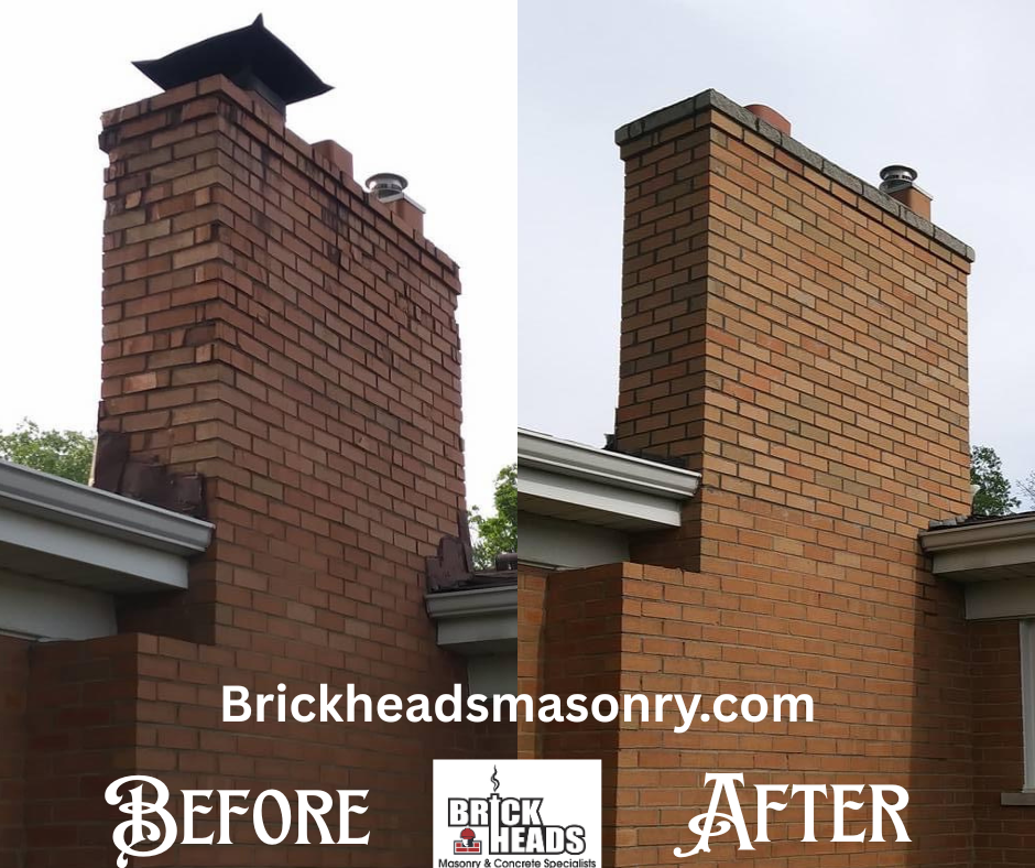 Before-and-after of a brick chimney repair: dark damaged bricks replaced with clean tan brickwork.