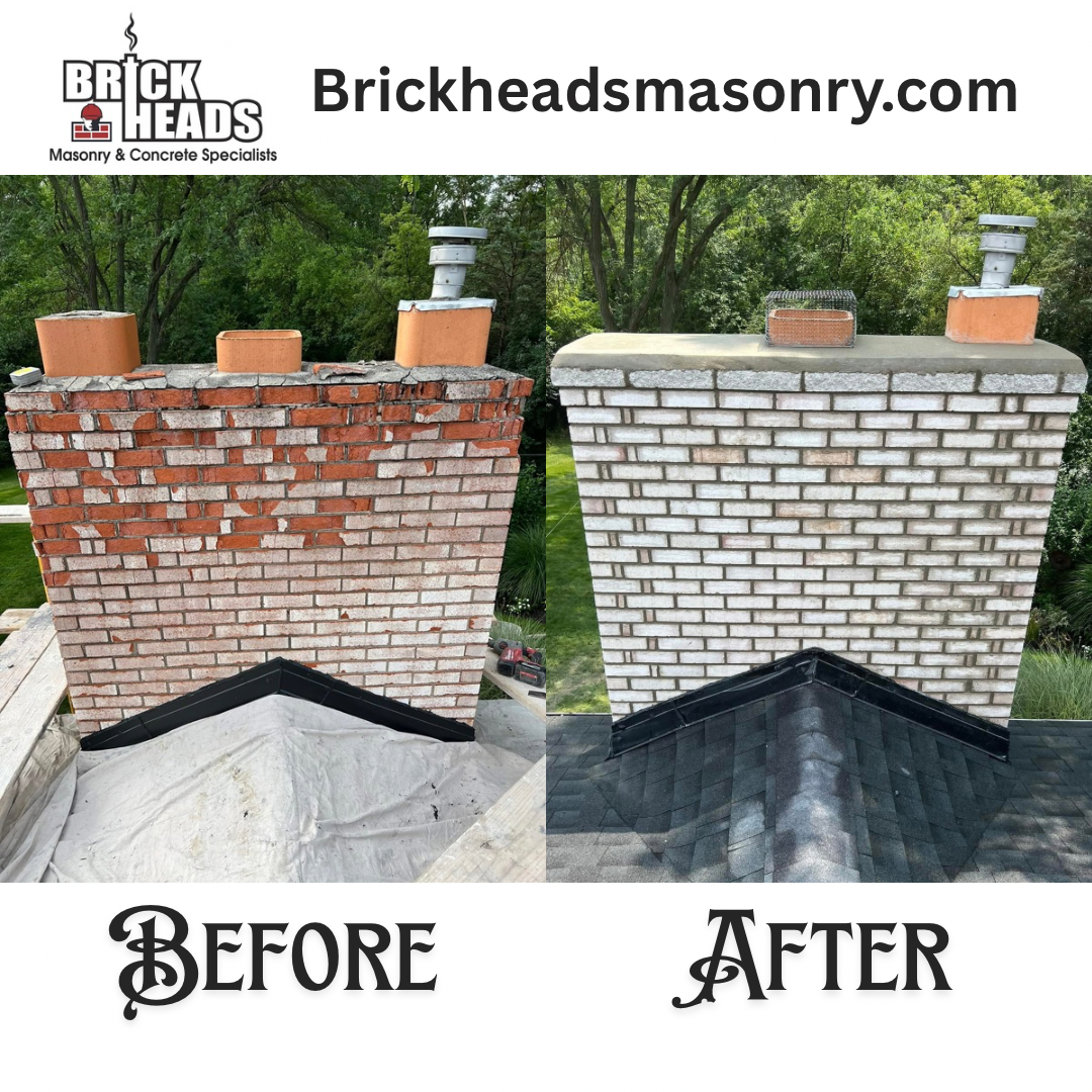 Before-and-after brick chimney restoration: damaged red brick left, repaired white brick right.