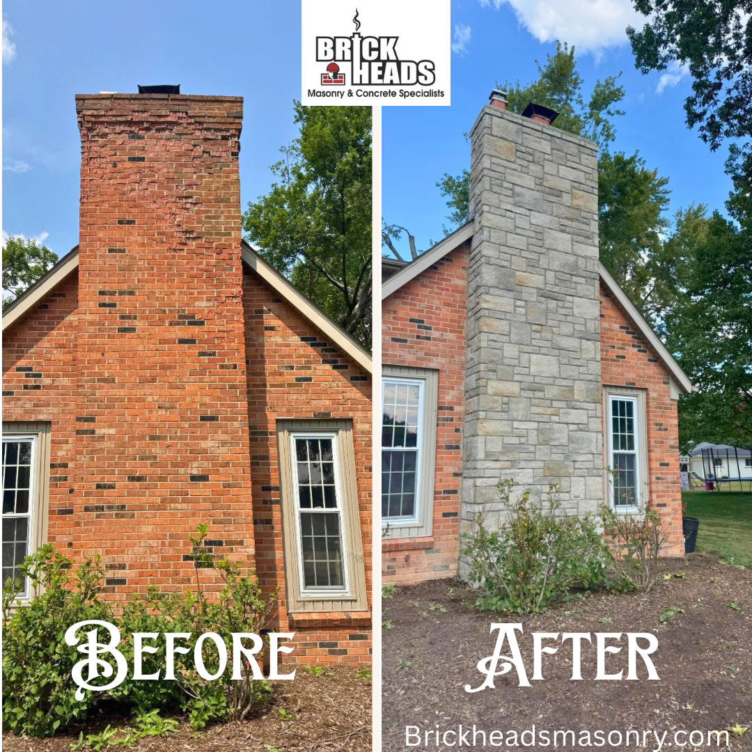 Brick chimney before and after: red brick replaced with light stone veneer on a house exterior.