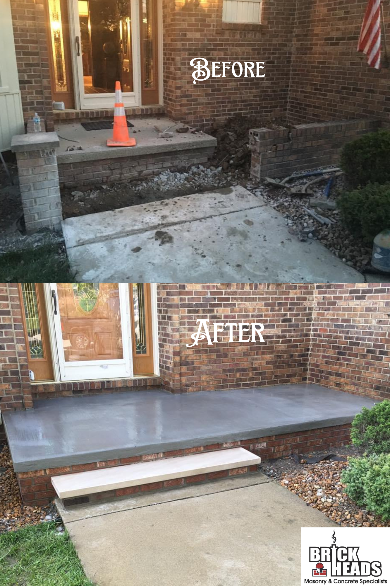 Before-and-after porch repair: cracked concrete replaced with a smooth gray entry platform and step.