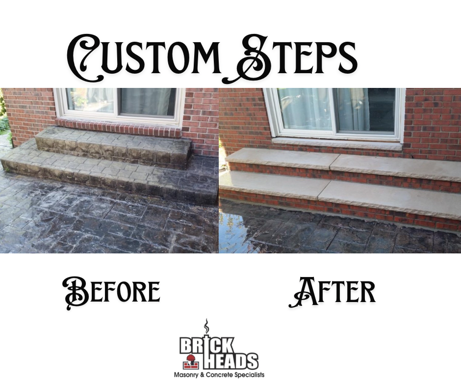Before-and-after photo of custom brick steps, showing worn dark stairs replaced with clean light stone steps