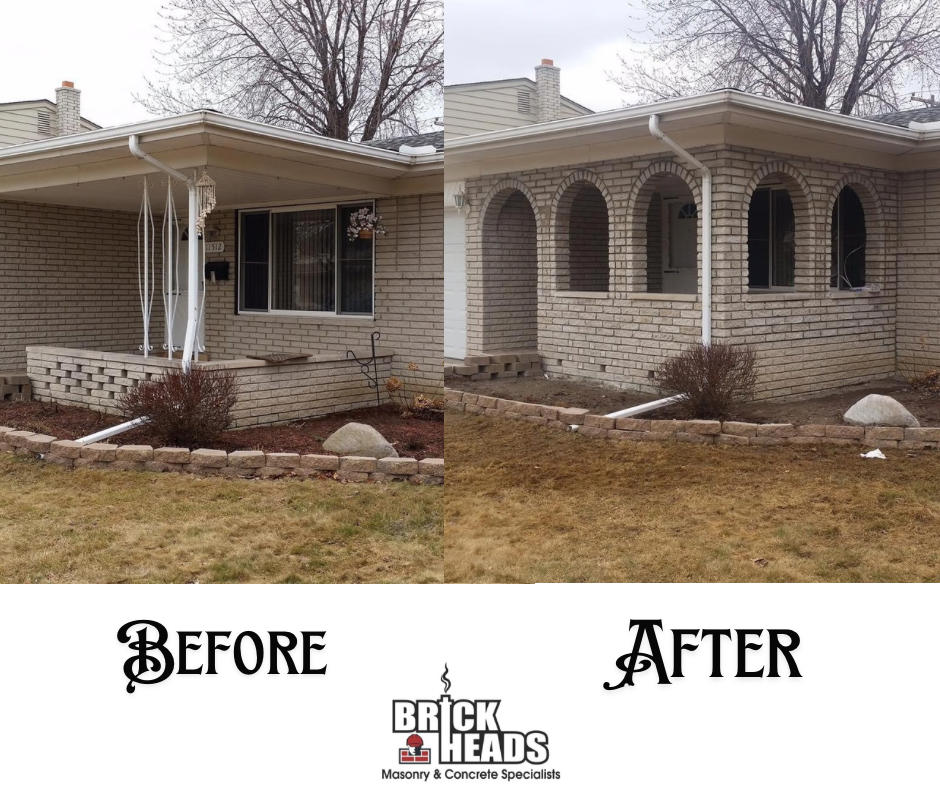 Before-and-after view of a house exterior: porch changed from open to arched brick facade.