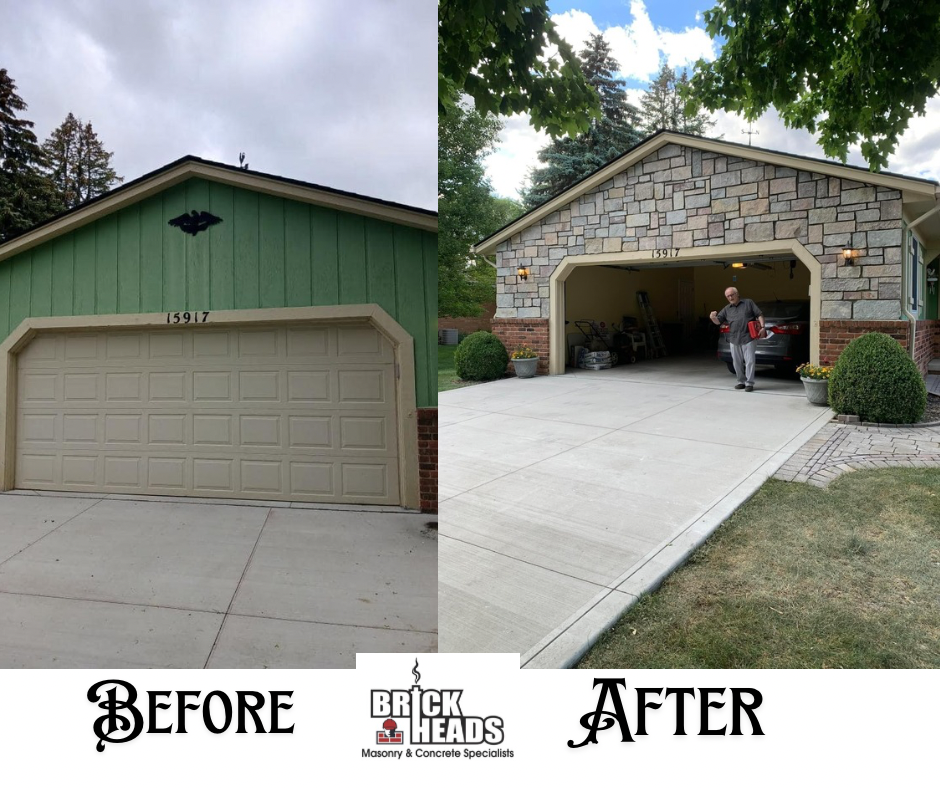 Before-and-after of a garage makeover: green exterior to stone facade with a new concrete driveway