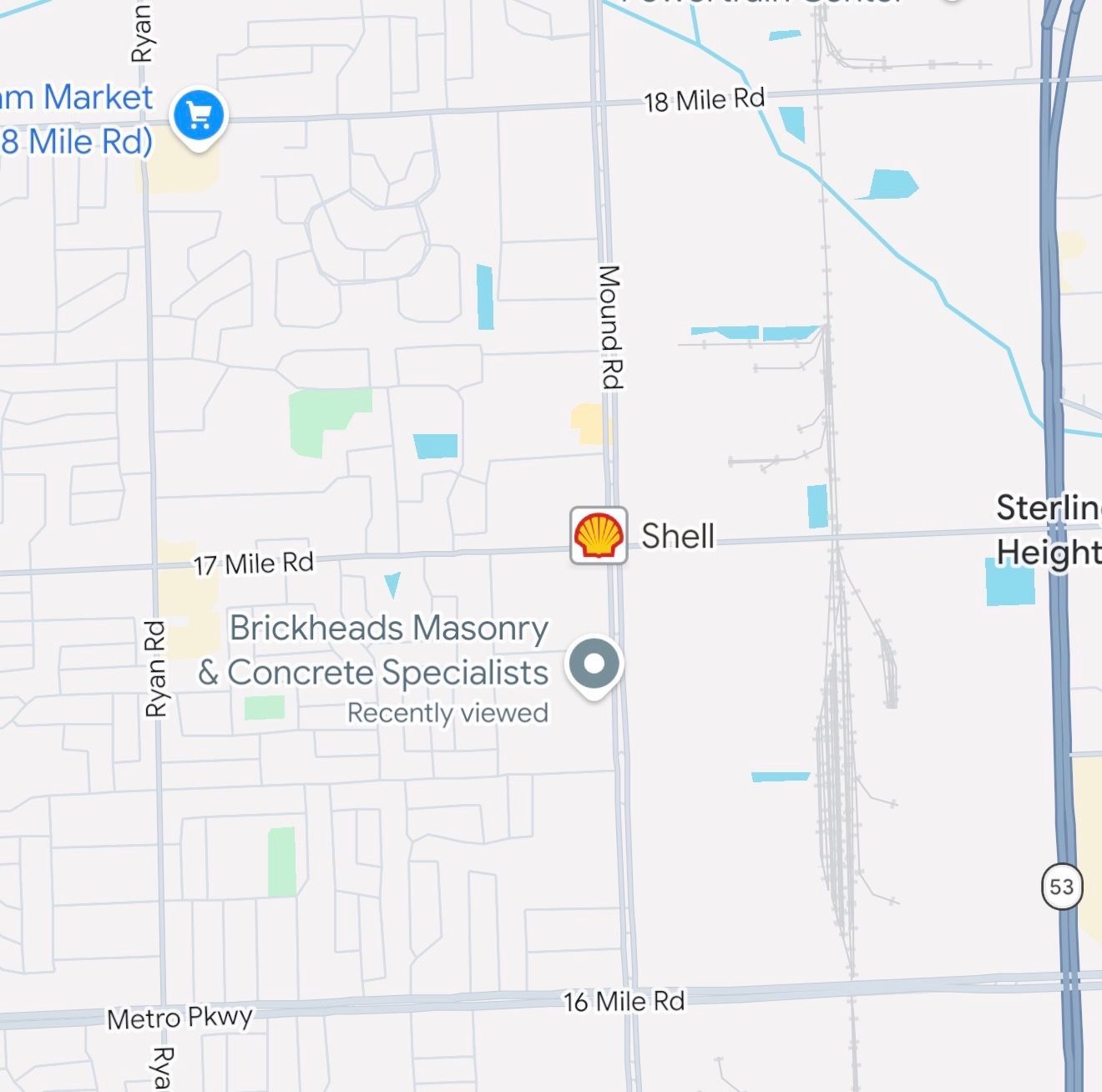 Map view centered on a Shell station near Brickhead Masonry & Concrete Specialists and Sterling Heights.