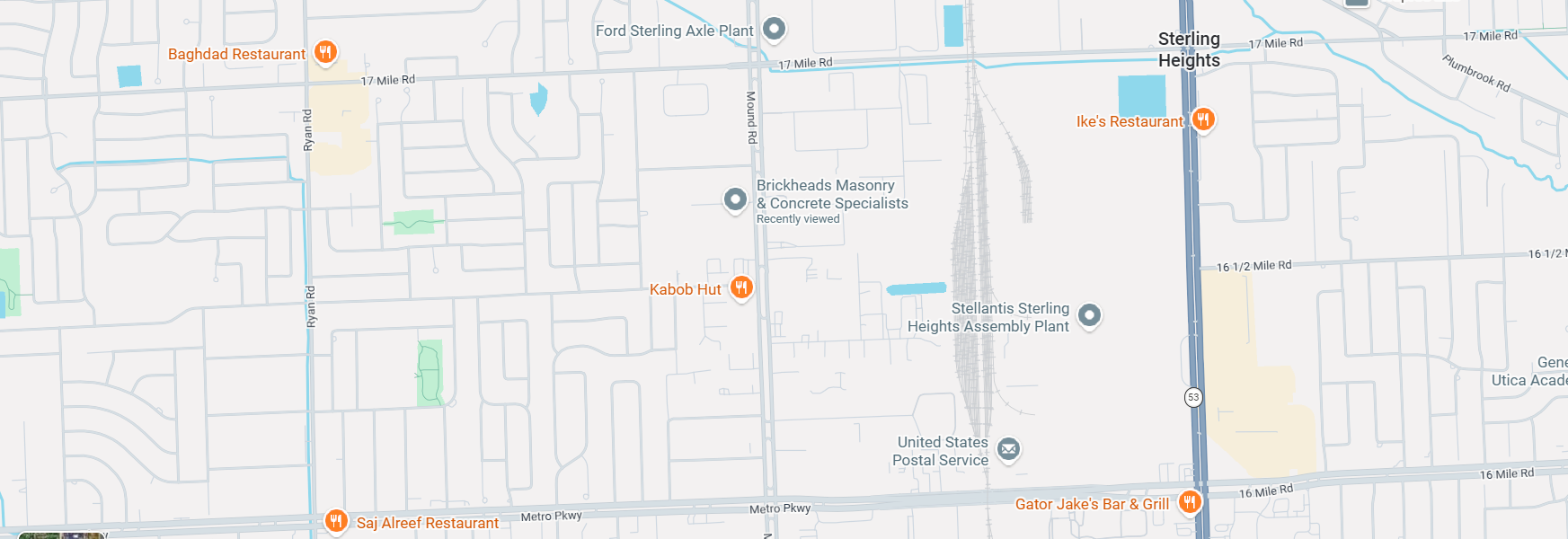 Map with roads and markers showing downtown streets and nearby intersections