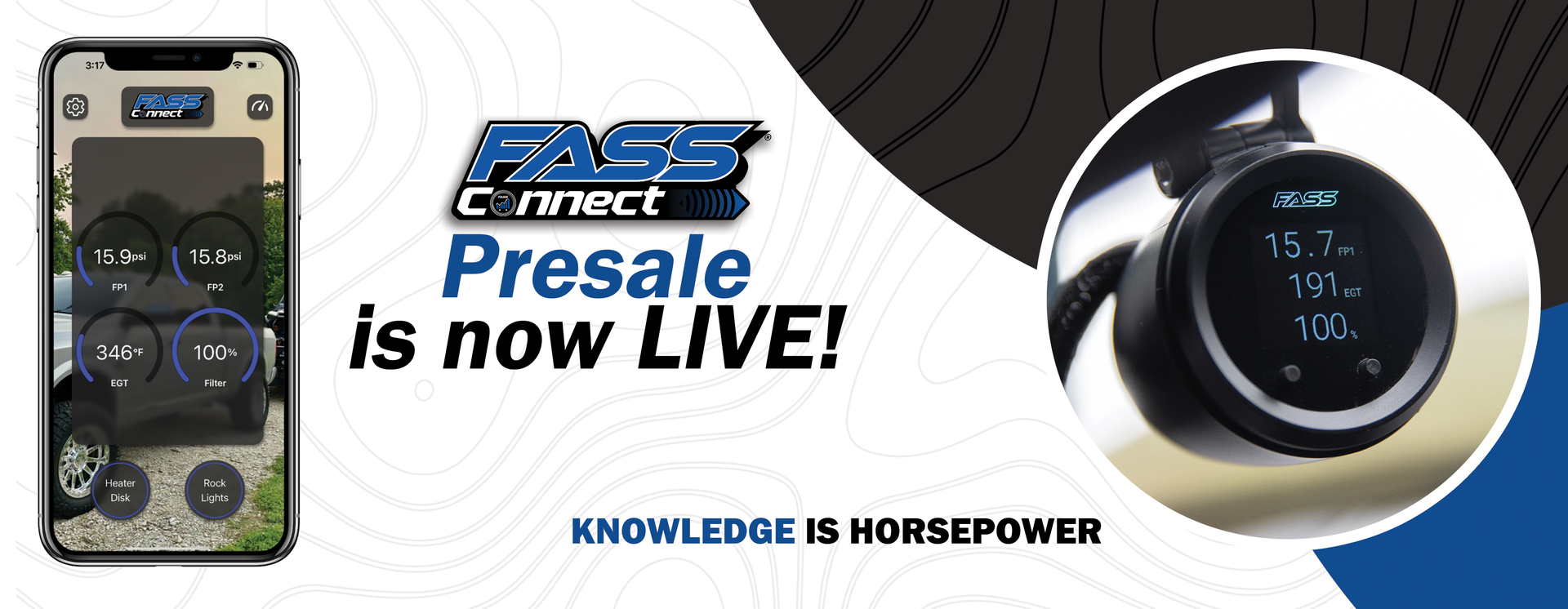 PASS Connect presale live! App screen showing car data, plus a gauge on a steering wheel. 