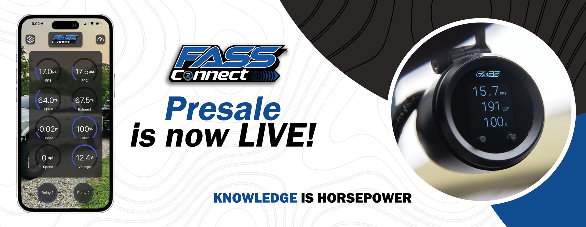 FASS Connect presale live! App screen showing car data, plus a gauge on a steering wheel.