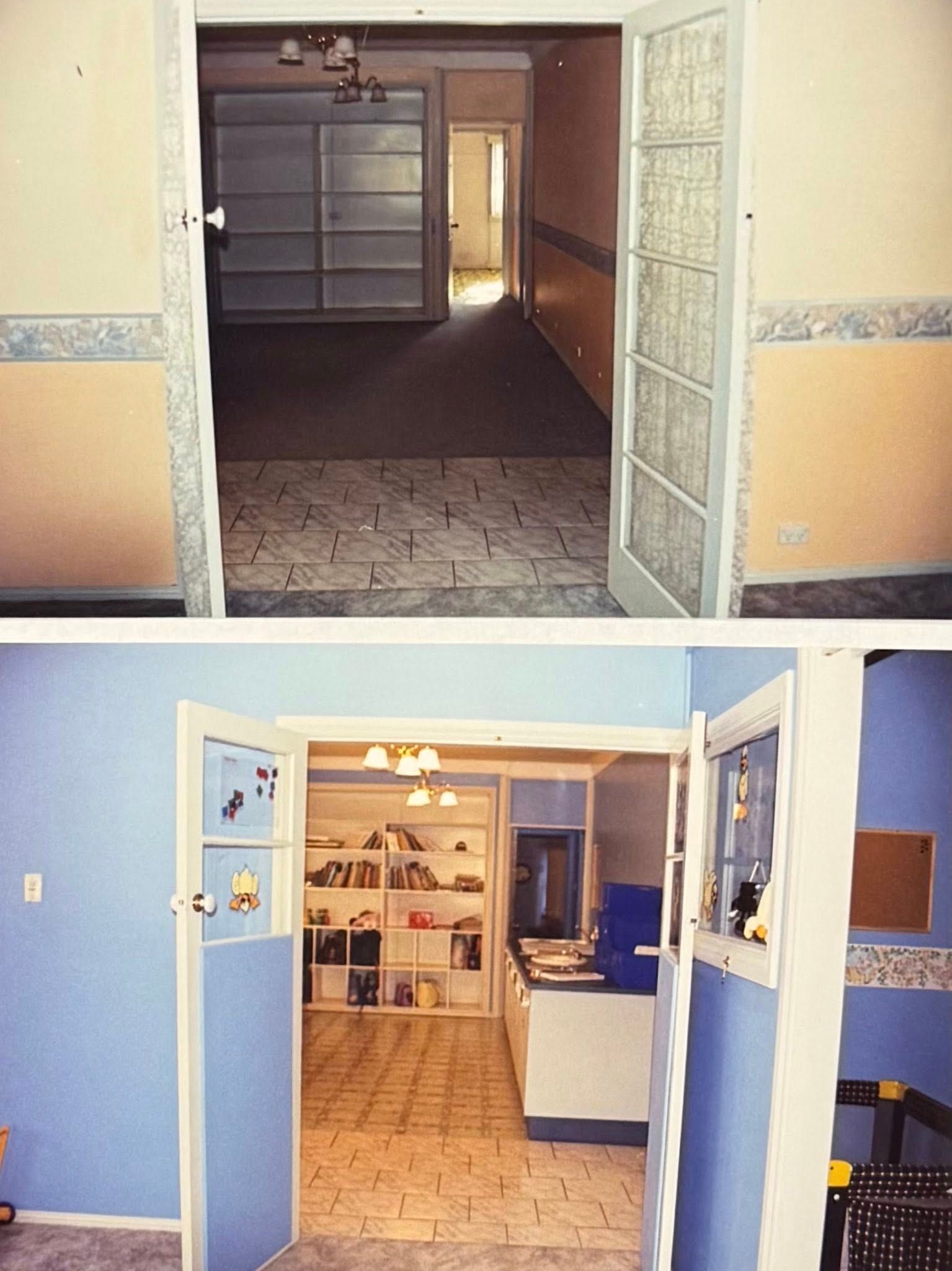 Before-and-after of a room makeover: dark room above, bright blue kitchen below