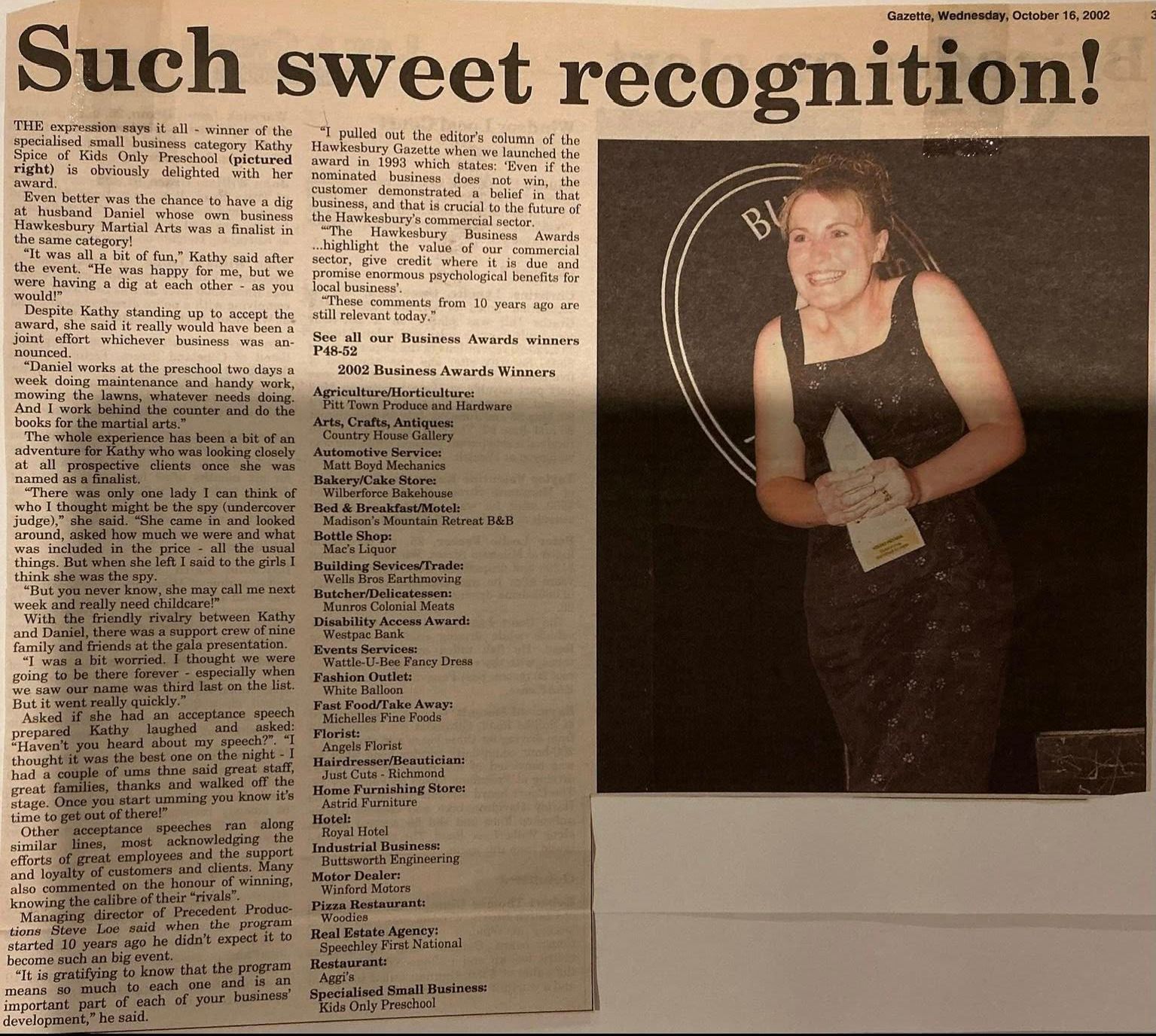 Newspaper clipping titled “Such sweet recognition!” with a young woman holding a trophy beside a dance competition photo