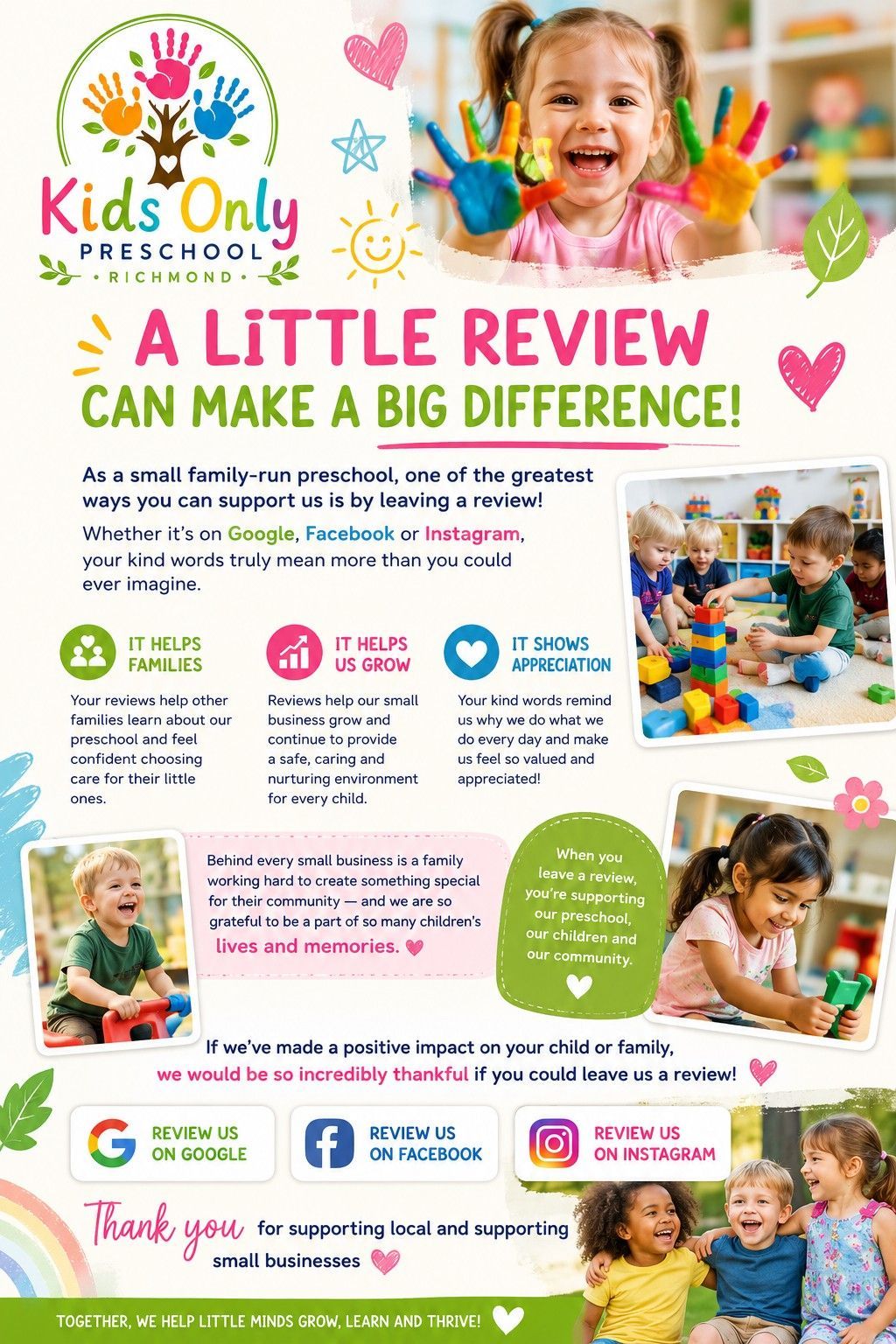 Kids Only Pediatric Dentistry flyer with smiling children and “A little review can make a big difference!”