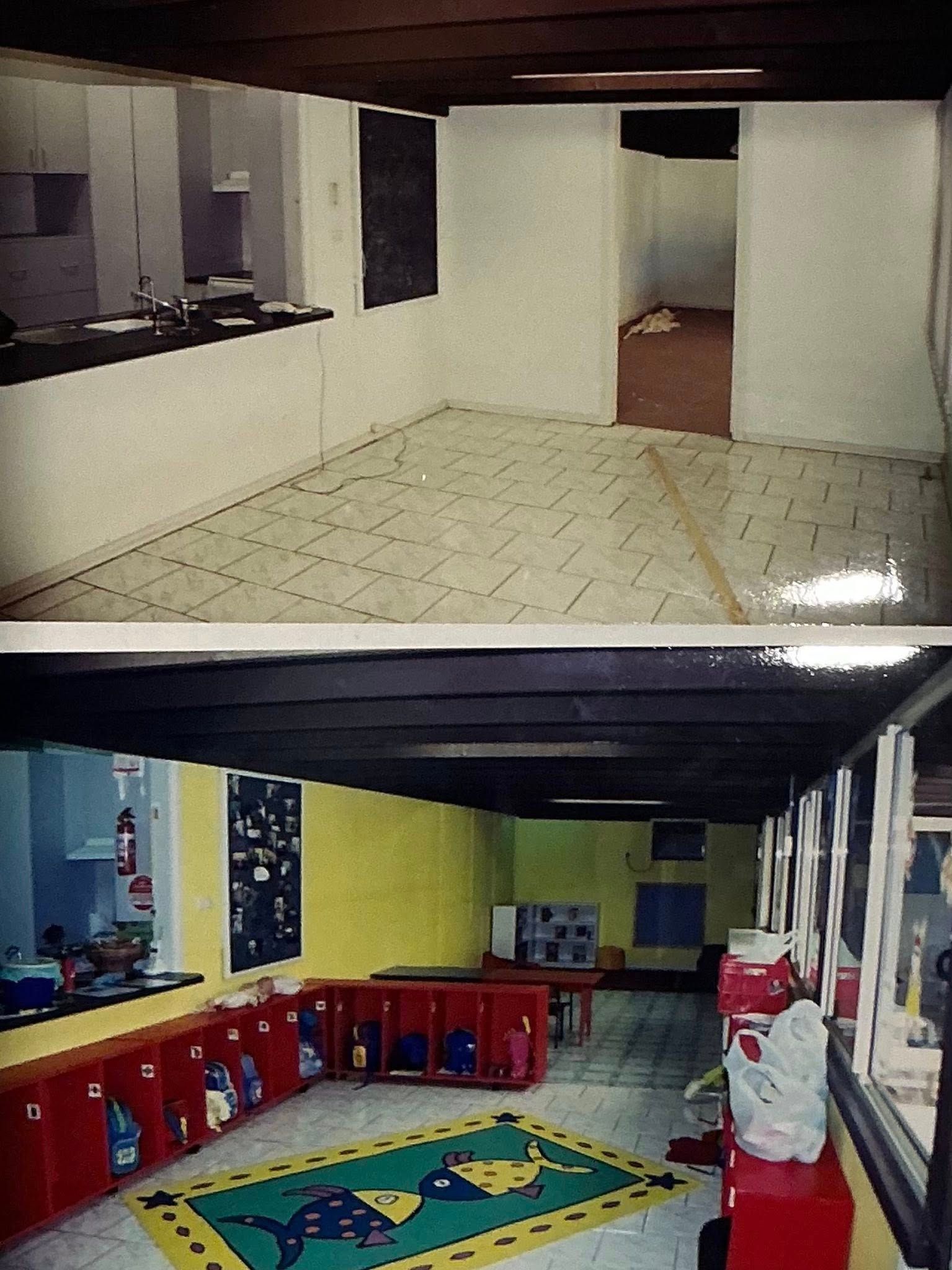 Two indoor room views with tiled floors, white walls, and red seating along the sides