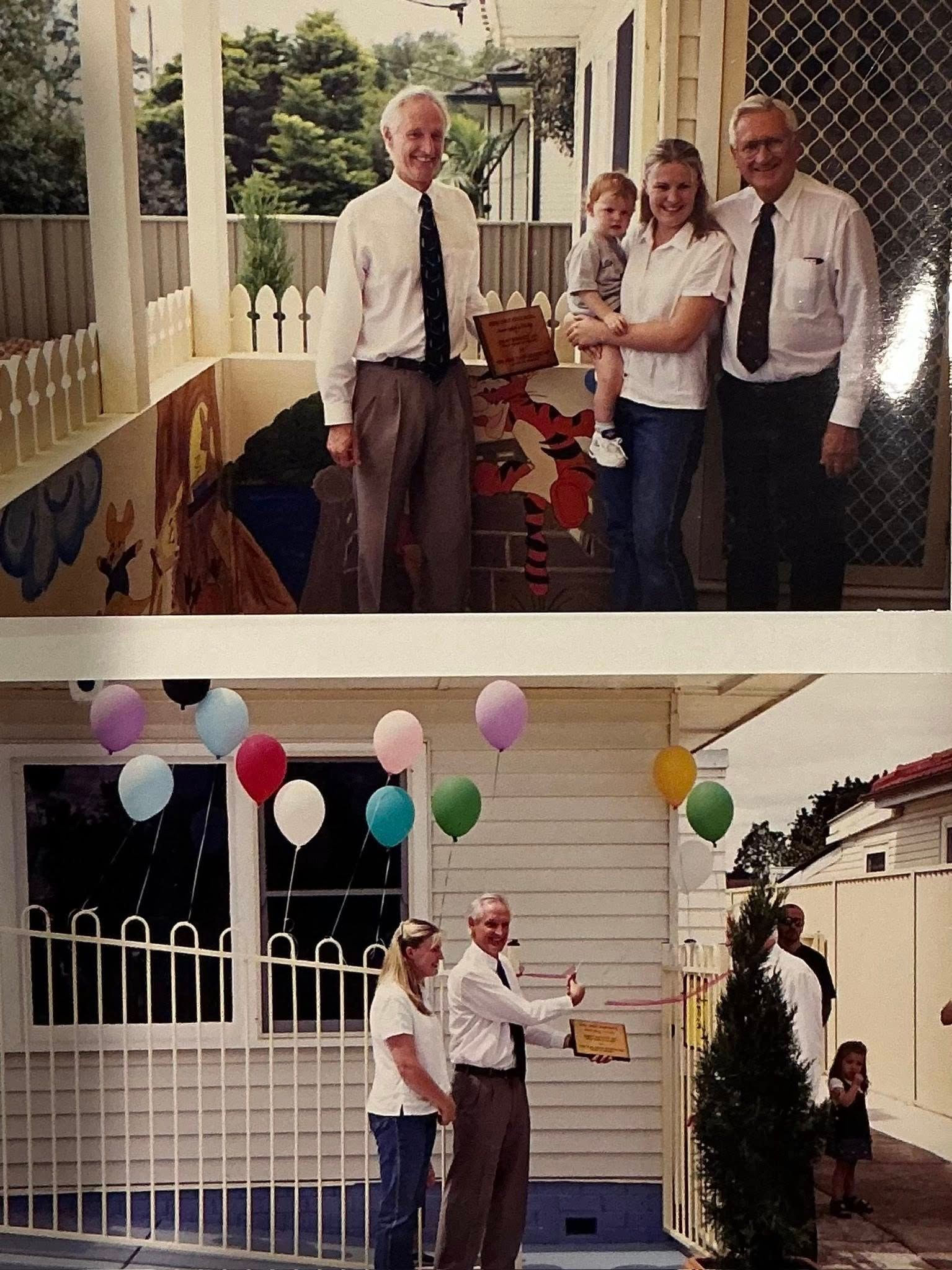 Two photos of people standing on a porch, one with balloons and a gate decorated in the background