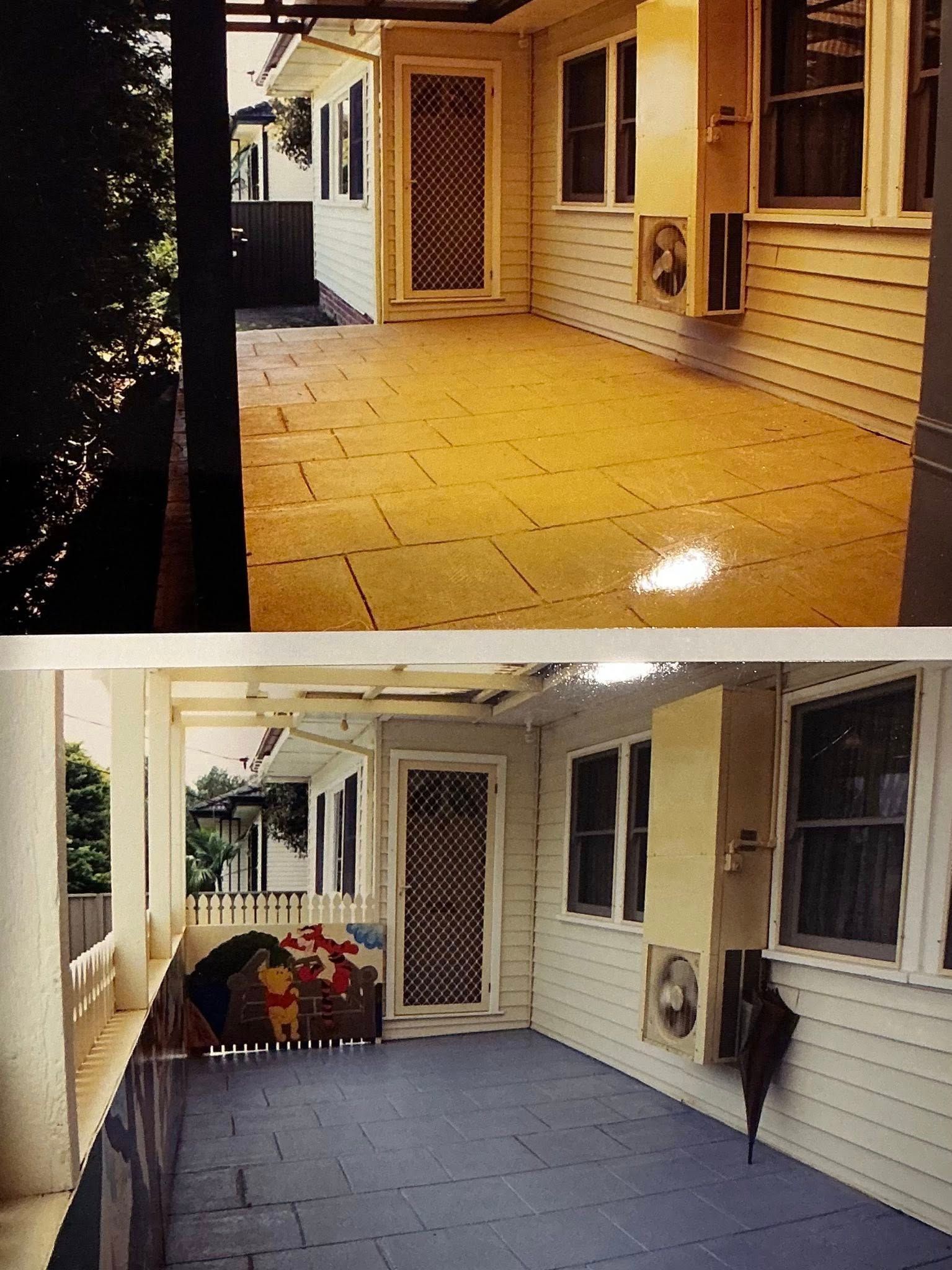 Covered porch before-and-after: yellow pavers changed to gray flooring on a white-sided house exterior.